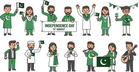 Diverse group celebrating pakistan independence day with flags and traditional attire in cartoon style
