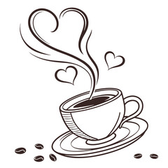 Coffee cup with heart shaped steam and beans saucer