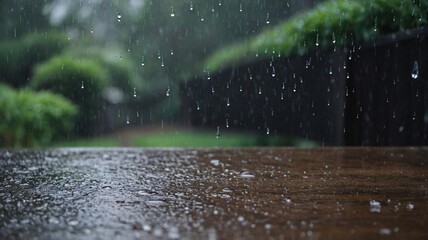 Close-up of rain droplets falling on a wooden surface, capturing a serene and rainy day atmosphere.