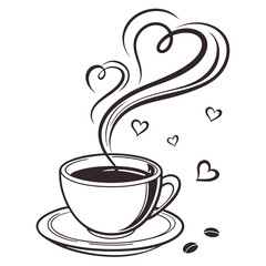 Steaming coffee cup with heart shaped steam and beans