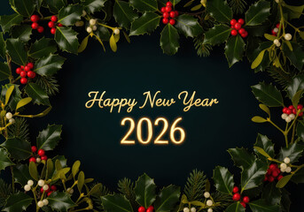 Holly and mistletoe wreath framing a 2026 wish, celebrating a happy new year with tradition and warmth
