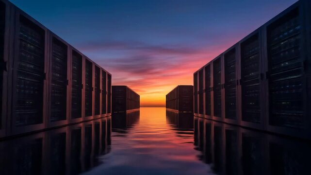 Data Center Sunset Reflection - Two rows of dark data center servers stand opposite each other, creating a pathway towards a vibrant sunset reflected in the still water.