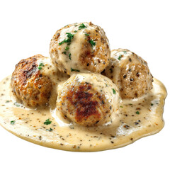 Fototapeta premium Delicious meatballs served in a creamy sauce, garnished with herbs for an enticing meal experience