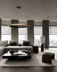 Minimalist luxury living room with circular chandelier, curved windows, and muted color tones.