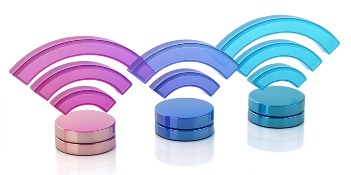 Wireless Communication Technology with Pink Blue and Light Blue Transmitters and Signals Illustrating Digital Connectivity for Modern Networking and Data Transfer