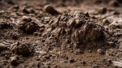 Close-up of wet brown soil with rich texture and small rock formations.