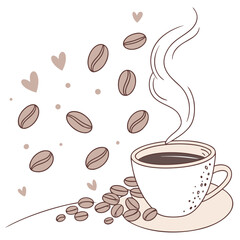 Coffee cup with falling beans and hearts saucer