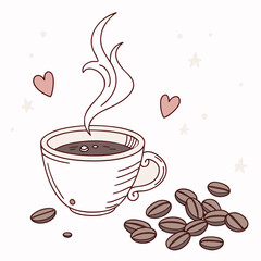 Steaming coffee cup with beans and hearts vector