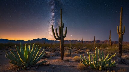 A stunning desert scene at night showcases towering cacti under a star-filled sky with the Milky Way's colorful band visible.