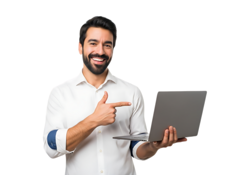 Cheerful man holding a laptop and pointing with his finger on a transparent background showing success