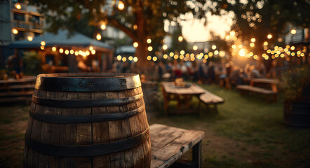 Wooden beer barrel in outdoor beer garden with people enjoying social gathering at sunset