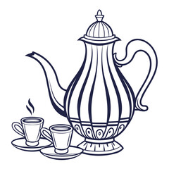 Ornate teapot with steaming cups saucers beverage