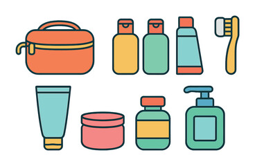 Kids' Travel Toiletries. Flat vector mini-illustrations travel cosmetic bag in colors children's illustrations