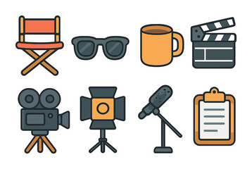 Director's Toolkit Icons. Flat vector mini-illustrations movie director’s essentials in colors children's