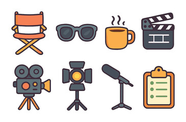 Director's Toolkit Icons. Flat vector mini-illustrations movie director’s essentials in colors children's