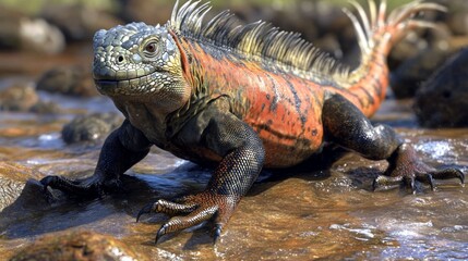 Fototapeta premium Close-up showing a marine iguana on a rocky shore. Popular science articles, documentaries, and educational materials about wildlife.