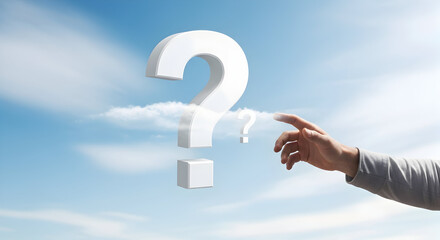 Hand reaching out to a giant white question mark in a blue sky concept