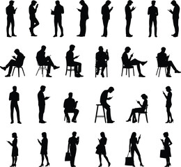 Silhouettes of 24 people using mobile phones in standing, sitting, walking poses—black design showcasing everyday smartphone interaction and posture variety