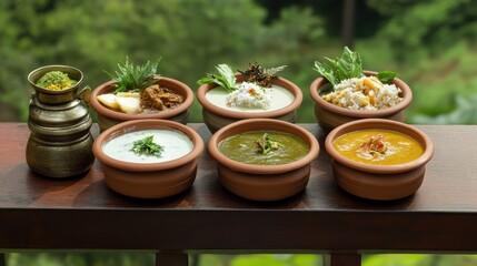 Traditional Indian Dishes Served in Earthen Pots on Wooden Table
