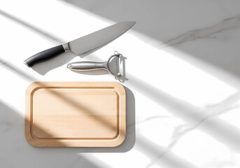 An overhead, flat-lay shot of essential kitchen tools—a high-quality chef's knife, a peeler, and a light wooden cutting board—elegantly arranged on a clean marble surface, illuminated by natural windo