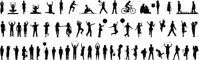 Silhouettes of 40 human figures in varied poses — yoga, running, dancing, cycling, walking, jumping, black design for motion study