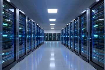 Modern server room with rows of computer racks and glowing blue lights, representing data storage and advanced technology infrastructure