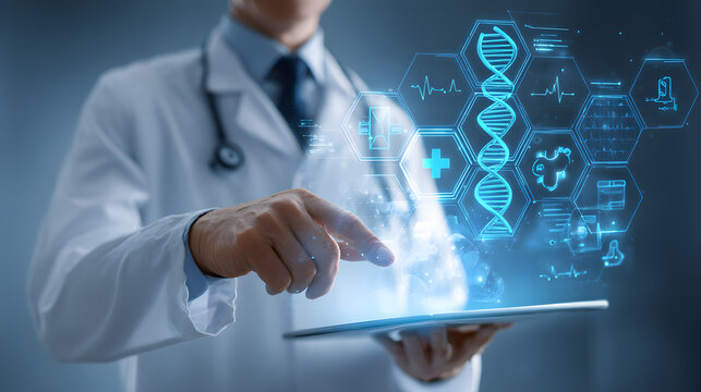 Futuristic healthcare and technology concept featuring a physician analyzing genetic data and patient records on a holographic tablet interface