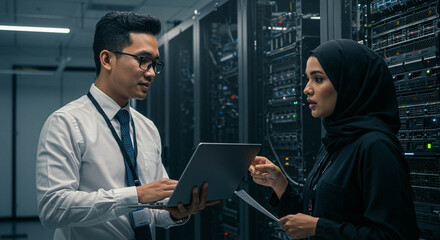 Fototapeta premium Diverse IT Professionals Collaborating in Server Room