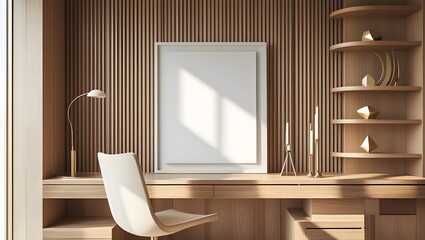 Fototapeta premium Modern vanity with a chair and a mirror against a slatted wood wall