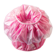 Pink plastic shower cap isolated on white background for hair protection during bathing or showering