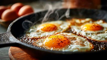 Fototapeta premium Hot sizzling fried eggs with crispy edges in cast iron skillet, seasoned and steaming for a hearty breakfast moment