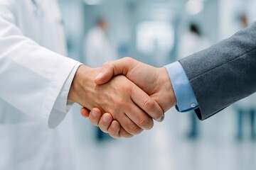 Handshake between doctor and businessman in hospital, partnership