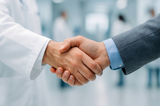 Handshake between doctor and businessman in hospital, partnership