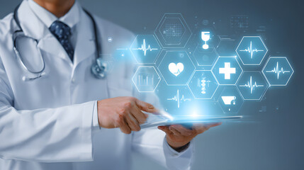 A professional doctor in a lab coat uses a modern digital tablet, accessing a holographic interface with medical icons. A concept for healthcare innovation, telemedicine, and scientific research.