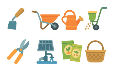 Sustainable Farm Tools. Flat vector mini-illustrations Sustainable farm tools in colors children's