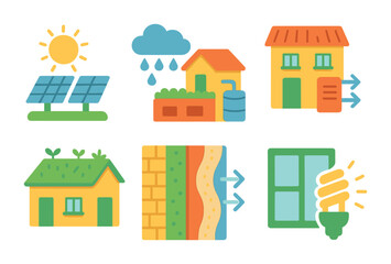 Fototapeta premium Eco-Friendly City Icons. Flat vector mini-illustrations Green architecture in urban settings in colors