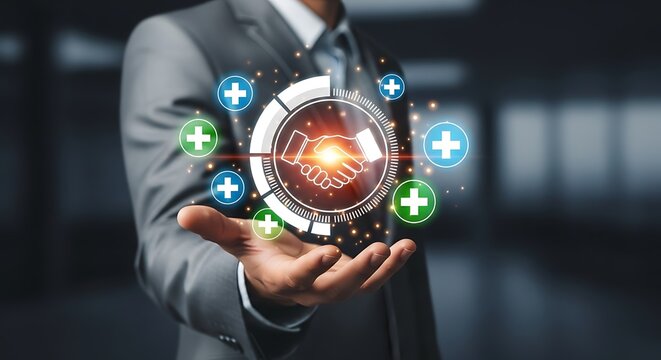 Confident businessman showcases digital handshake and positive metrics, symbolizing successful partnership and growth in modern business environment