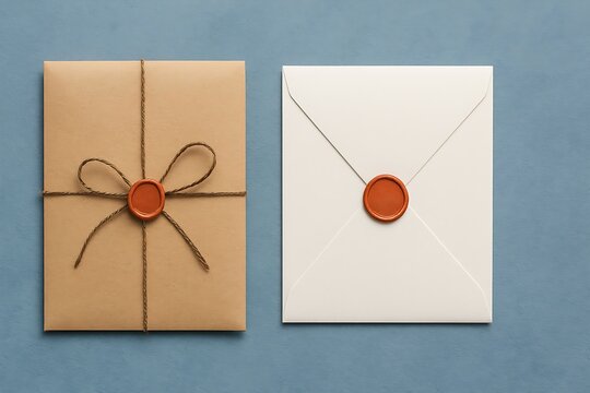 Two square envelopes with wax seals on a blue textured background