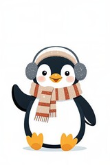 Naklejka premium A cute cartoon penguin wearing earmuffs and a scarf, perfect for winter-themed designs and cheerful illustrations.