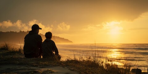 Father and Son Watching the Sunset on a Hillside