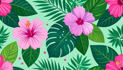 Tropical Floral Pattern with Hibiscus Flowers and Palm Leaves Vector Art