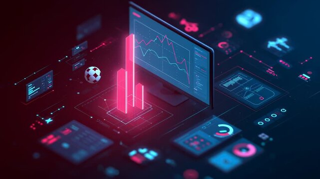 Isometric illustration captures the essence of sports analytics through interactive charts, graphs, and statistics. Visual data representation enhances performance analysis and insights - Powered by Adobe