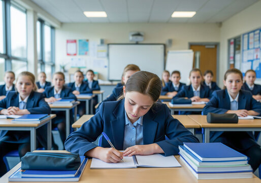 Pilna uczennica siedzi w pierwszej ławce i robi notatki w zeszycie, rozpoczęcie roku szkolnego, students in classroom