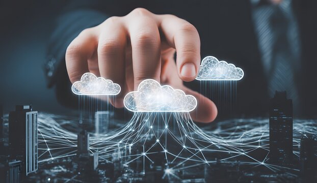 Digital Cloud Connection: A hand interacting with digital clouds symbolizing network connectivity and data transfer above a cityscape, conveying ideas of technology and virtual interaction.