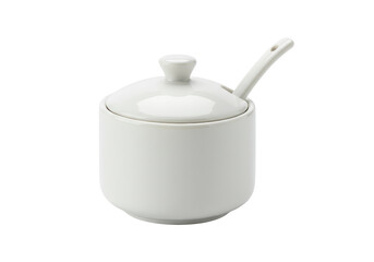 Isolated White Ceramic Sugar Bowl with Spoon
