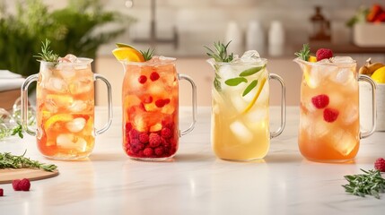 Fototapeta premium Refreshing Summer Beverages with Fresh Fruits and Herbs in Jugs