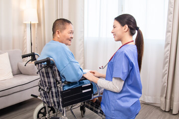 Elderly and caregiver, nurse healthcare routine, encouraging gentle exercise while delivering pills, strengthening aging immune system, monitoring medication schedule, senior people in nursing home