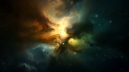 Fototapeta premium photograph of Green and Yellow Nebula in Dark Space wide angle lens