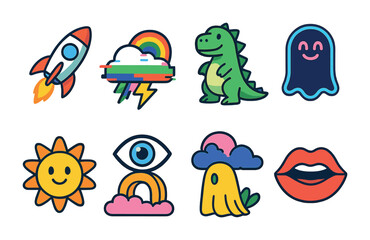 Colorful Icons Grid. Flat vector mini-illustrations Digital art styles in colors children's illustrations: