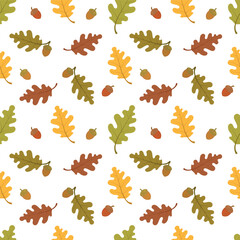 Seamless pattern of autumn oak leaves and acorns. Seasonal warm colors. Vector illustration on white background.For postcards decor, wrapping paper, stationery,scrapbooking, textile